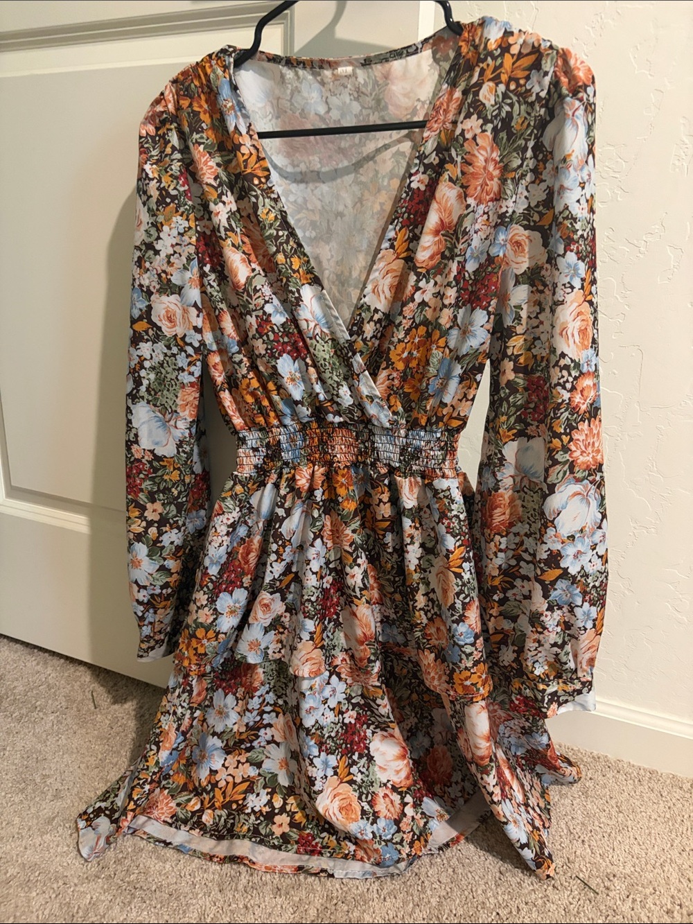 Floral Long-Sleeve V-Neck Dress in Multi-Color